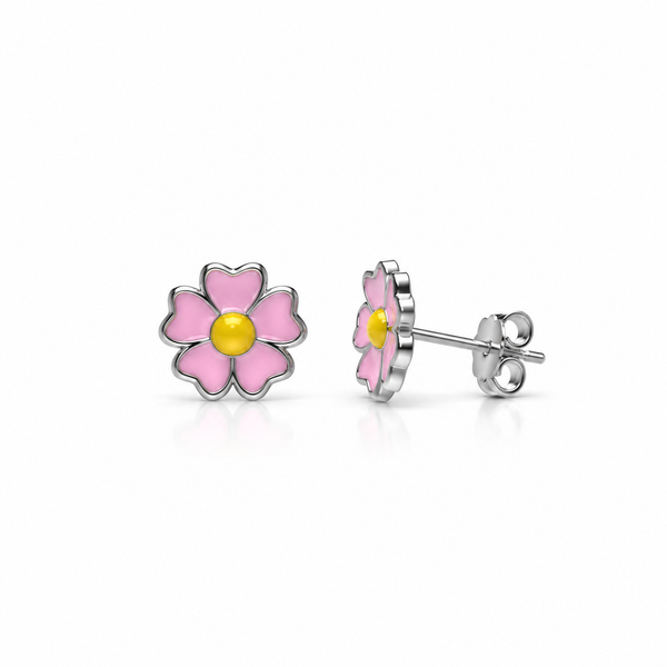 Shiningsilver.in silver studs tops for kidsA pair of silver stud earrings shaped like daisies, featuring pink enamel petals and a yellow enamel center, shown on a clean white background.
