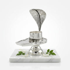 Silver Shiva jalheri shivling stand on a marble base with floral designs, brand 'Shining Silver' visible.