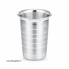 Shiningsilver.in A brushed stainless steel cup with a flared rim and horizontal grooved bands, shown on a plain white background.