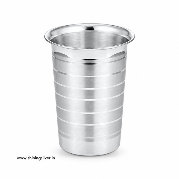 Shiningsilver.in A brushed stainless steel cup with a flared rim and horizontal grooved bands, shown on a plain white background.