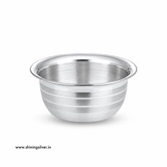 A stainless steel mixing bowl with a brushed metallic finish and horizontal ridges on the exterior, shown on a plain white background with a small website watermark in the lower left corner.