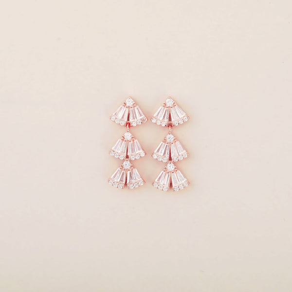 Baguette Brilliance: Rose Gold Earrings with Triangular Sterling Silver Studs Adorned with Baguette CZ Stones - Shining Silver.in