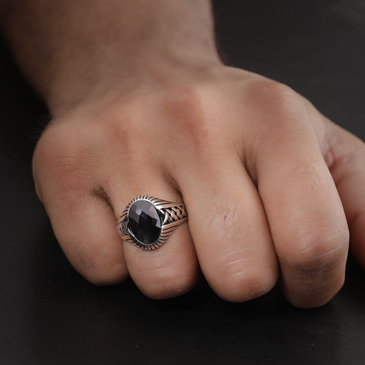 Black Diamond Lustre Stone Ring For Men- Made With 925 Sterling Silver - Shining Silver.in