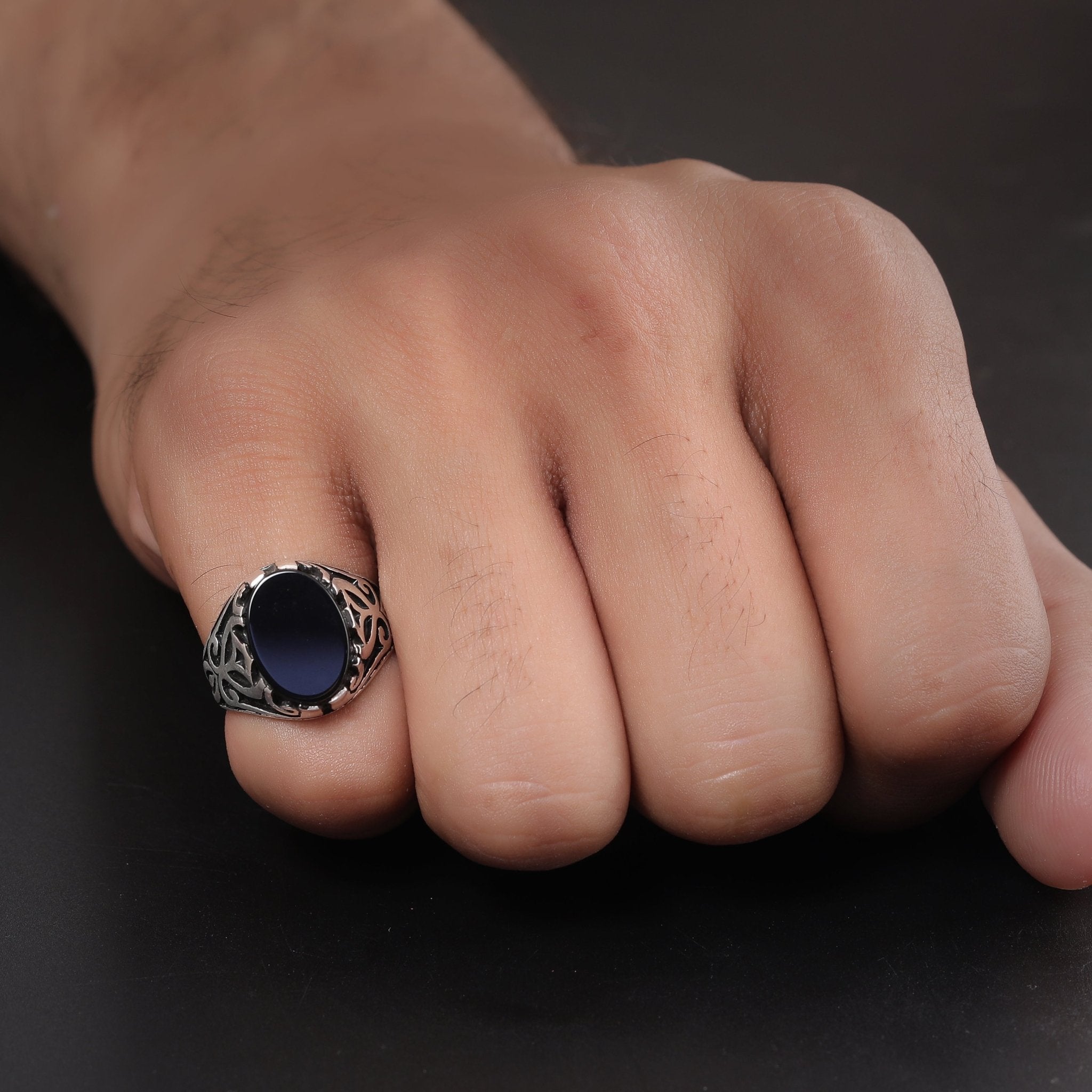 Silver Rings Men Set Men's Oval black stone silver ring