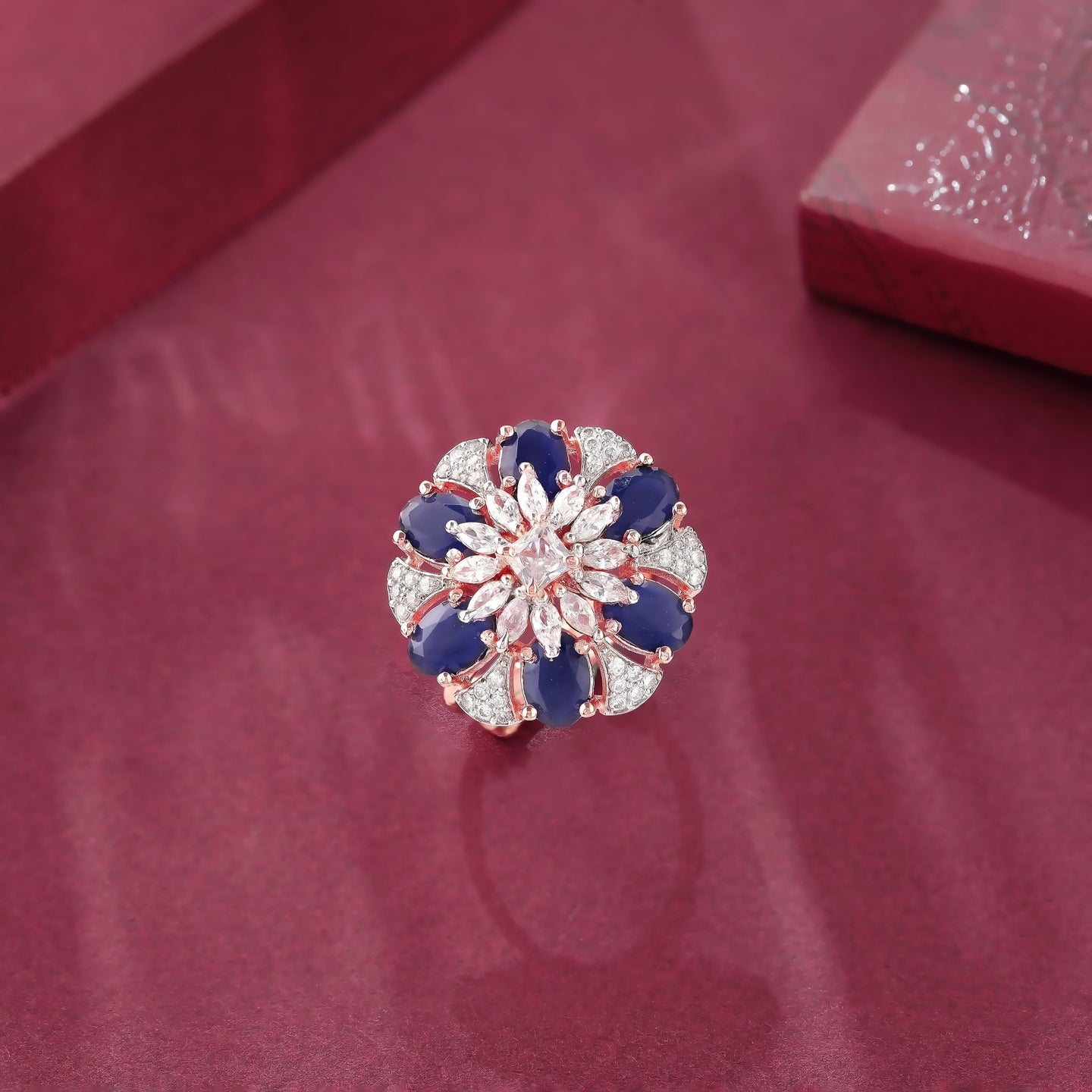 Blue Elegance: Rosegold Cocktail Ring with CZ Stones - Shining Silver.in