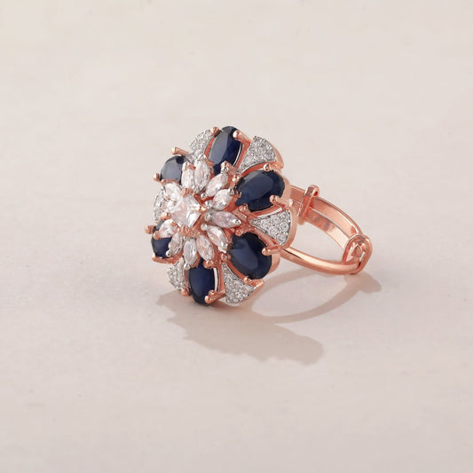 Blue Elegance: Rosegold Cocktail Ring with CZ Stones - Shining Silver.in