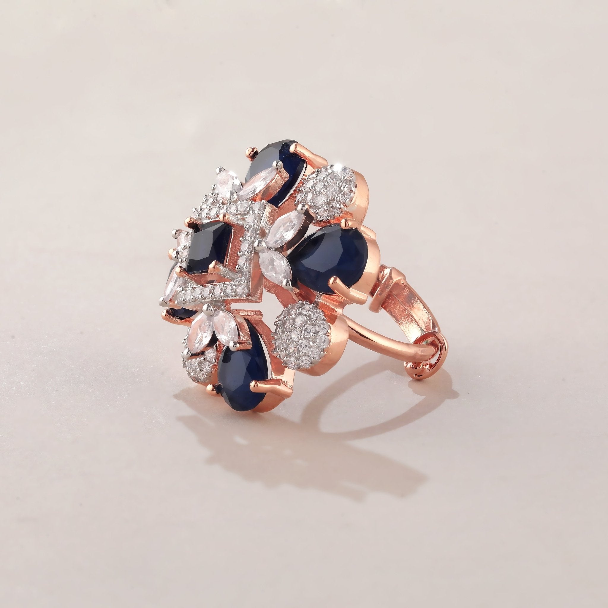 Blue EleganceRosegold Ladies Ring with Blue, cz stones - Shining Silver.in