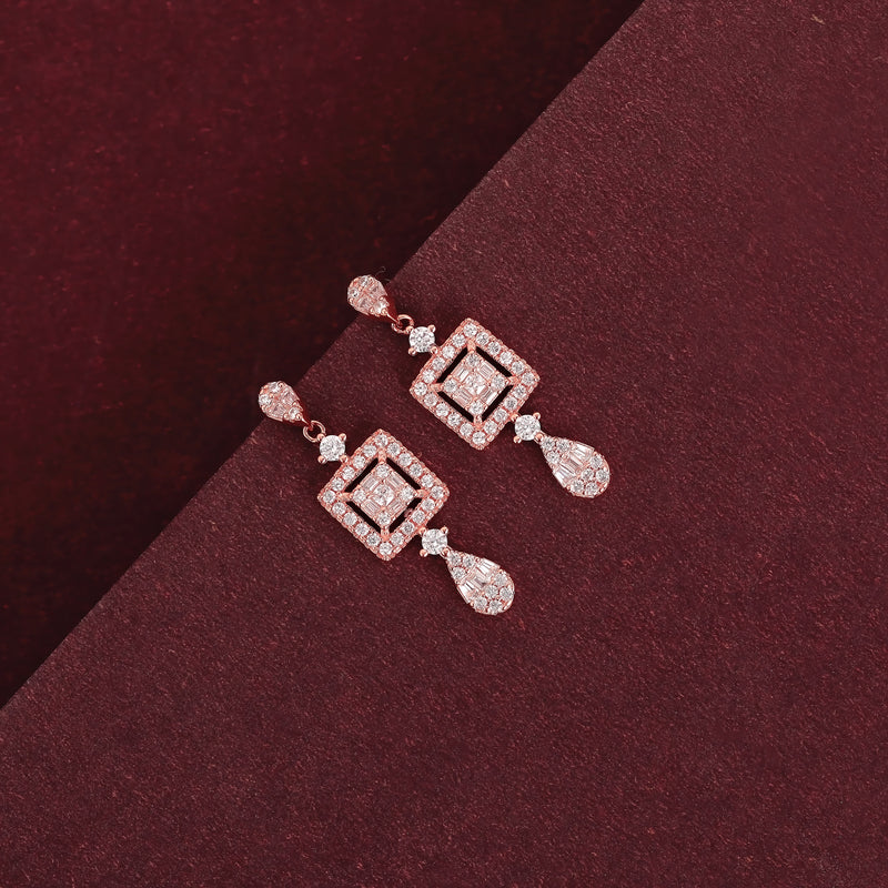 Dazzling Elegance: Rose Gold Dangling Earrings with Square Design and White CZ Accents - Hangings