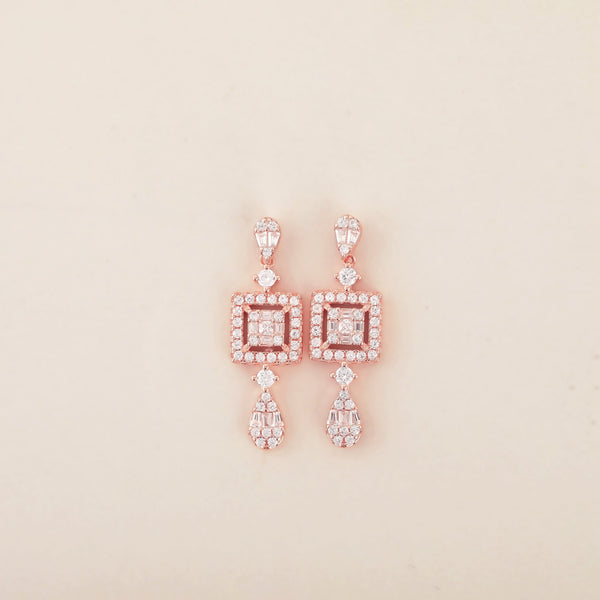 Dazzling Elegance: Rose Gold Dangling Earrings with Square Design and White CZ Accents - Shining Silver.in