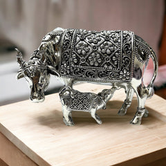 Kamdhenu Cow-Calf Idol- Pure Silver - Shining Silver.in