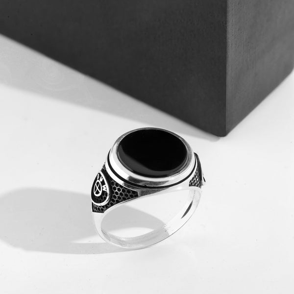 Men's round black stone 925 sterling silver ring - Shining Silver.in