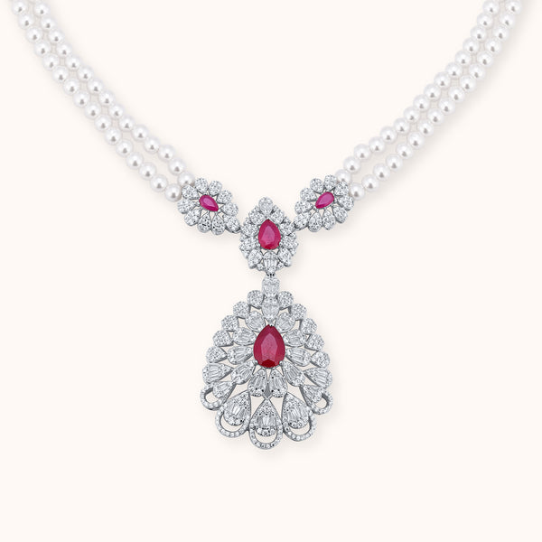 SHINING’s Royal Ruby & Diamond Pearl Necklace | 925 Sterling Silver