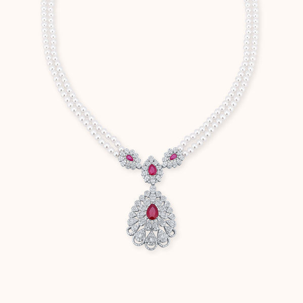 SHINING’s Royal Ruby & Diamond Pearl Necklace | 925 Sterling Silver