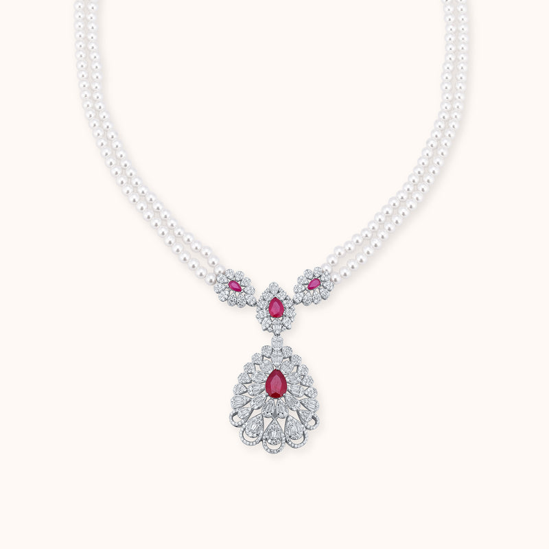 SHINING’s Royal Ruby & Diamond Pearl Necklace | 925 Sterling Silver