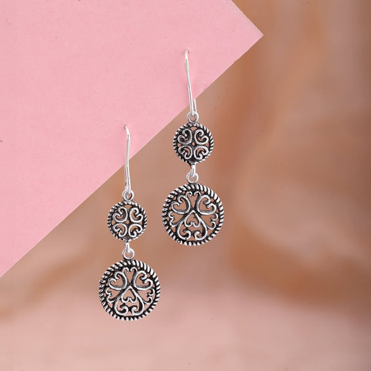 Oxidised Hoop Mandala Earrings - 925 Pure Silver - Shining Silver.in