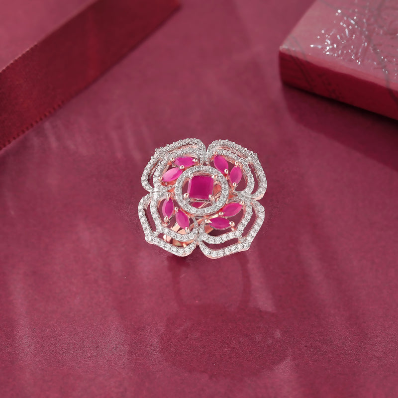 Coctail Ring With Ruby And American Excellent Diamonds | 925 Sterling Silver | Plated With Rosegold