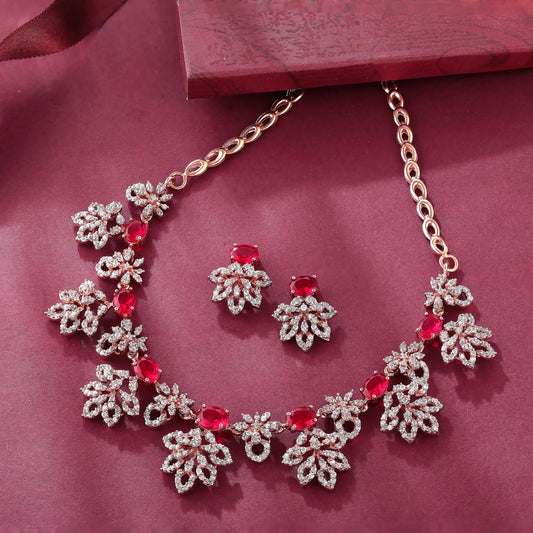 Rhodium Plated Silver Necklace Set With Pink Crystals - Shining Silver.in