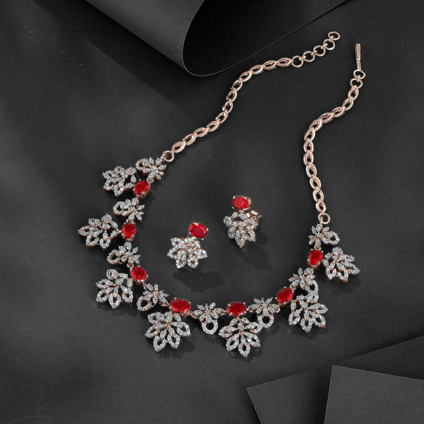 Rhodium Plated Silver Necklace Set With Pink Crystals - Shining Silver.in