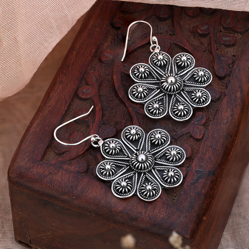 Antique Floral Silver Drops- 925 Oxidised Earrings