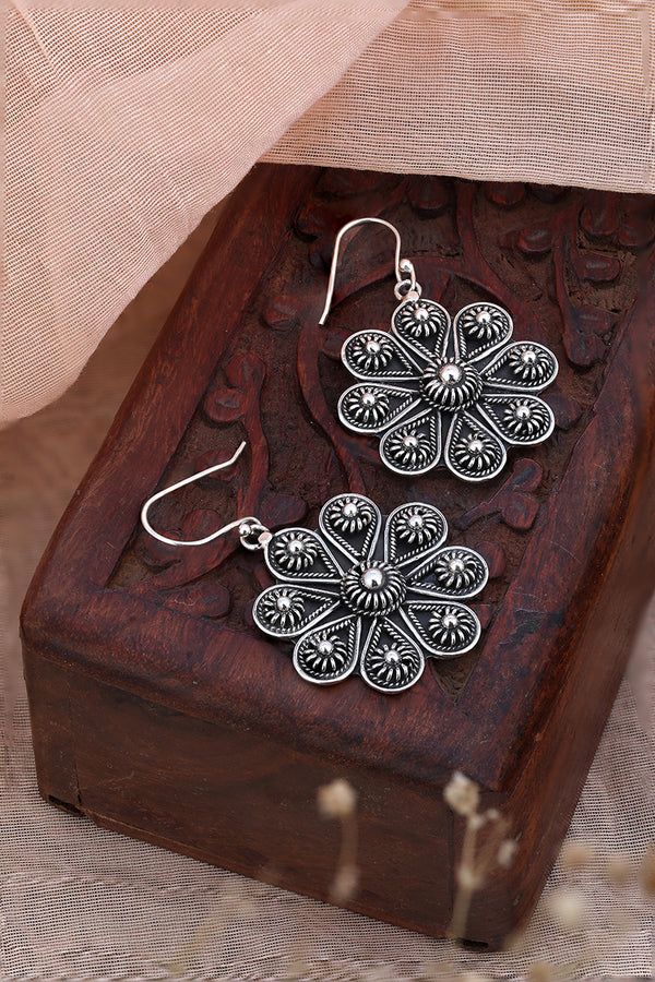 Antique Floral Silver Drops- 925 Oxidised Earrings
