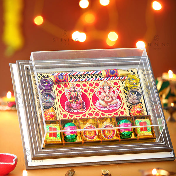 999 Pure Silver Laxmi Ganesh Gift With Eatable Cracker Chocolates