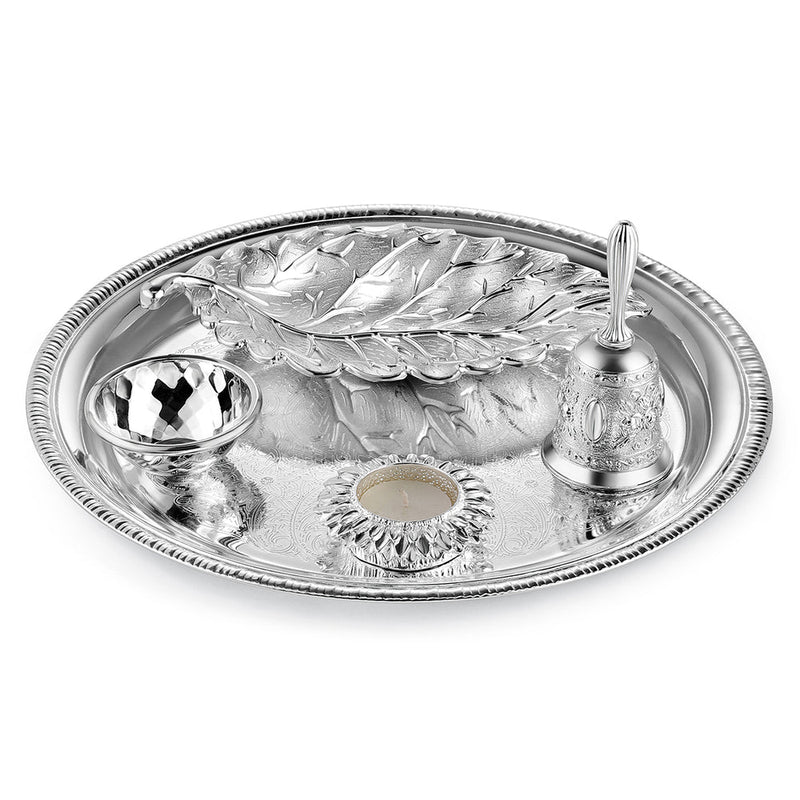 Pooja Thali With Bowl, Candle, Bell & Leaf Tray