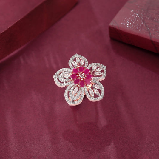 Ruby Blossom: Rosegold Cocktail Ring with Flower Design - Shining Silver.in