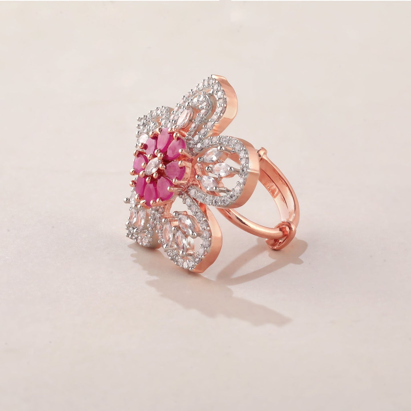 Ruby Blossom: Rosegold Cocktail Ring with Flower Design - Shining Silver.in