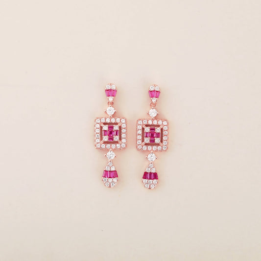 Ruby Radiance: Rose Gold Dangling Earrings with Square Design and Ruby Accents - Shining Silver.in