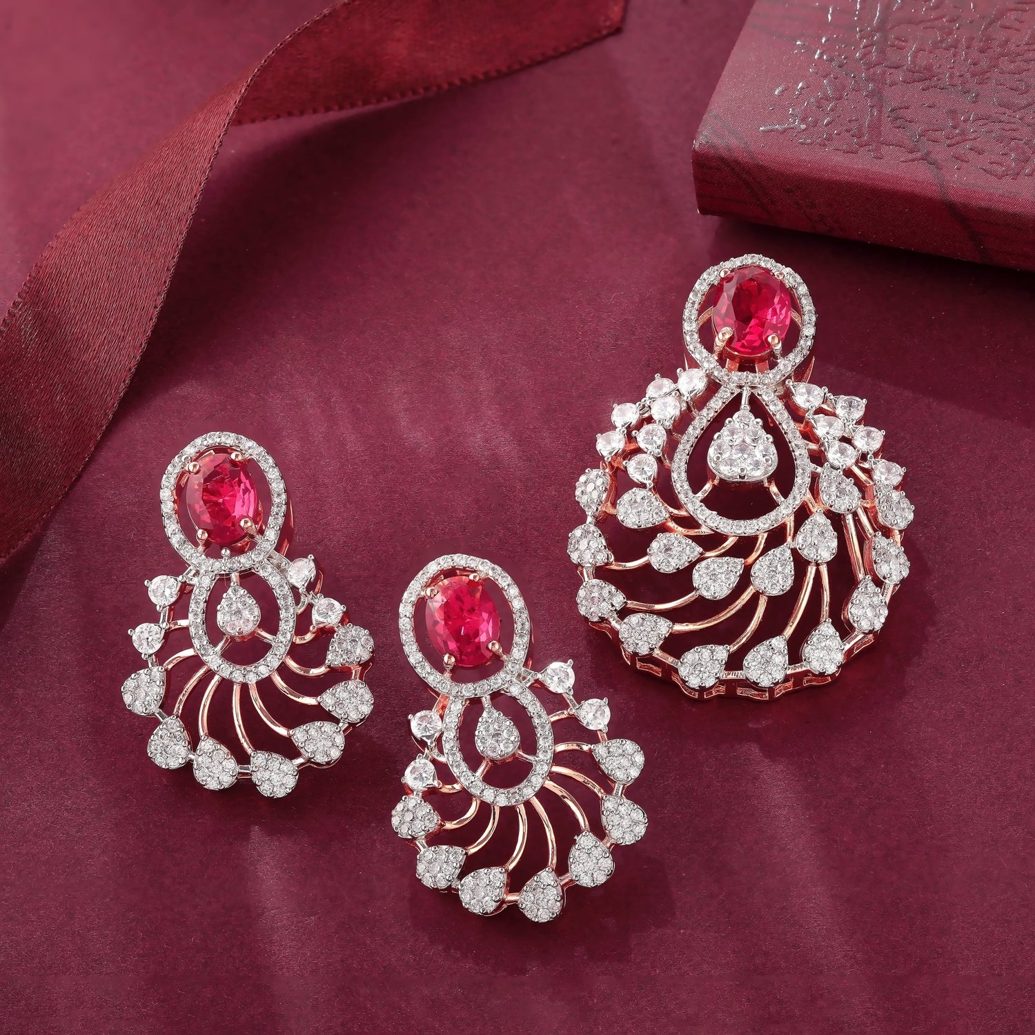 Ruby Radiance: Rosegold Pendant Set with CZ Ruby Stones - Shining Silver.in