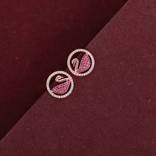 Serenity Swan Symphony: Rose Gold-Plated 925 Sterling Silver Earrings Studded with Rubies - Shining Silver.in